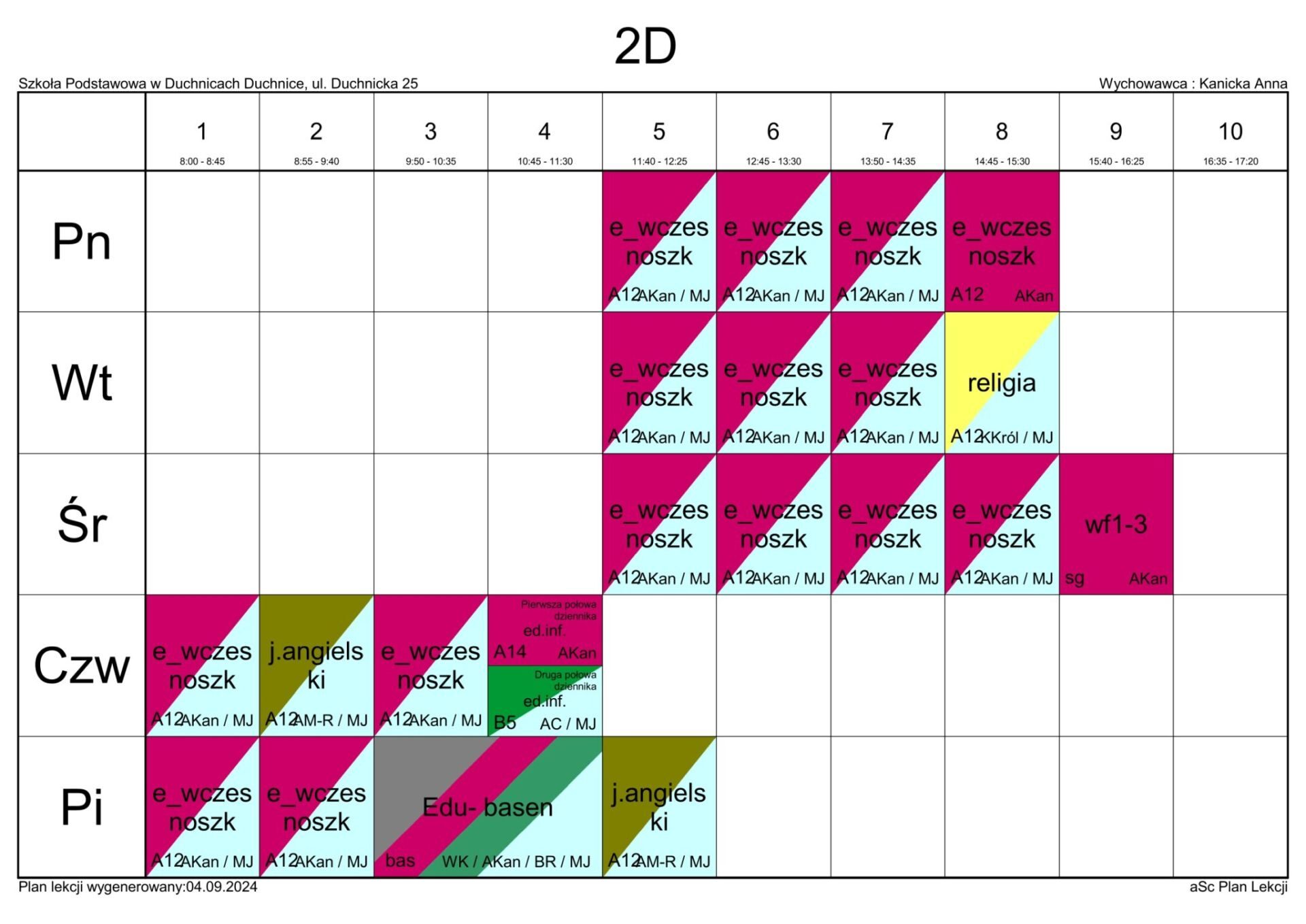 Plan lekcji 2024/2025 : Szkoła Podstawowa im. Wandy Rutkiewicz w Duchnicach