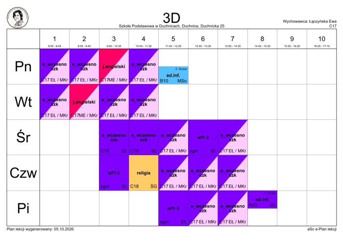 Plan lekcji klasy 3D na rok szkolny 2026/2027