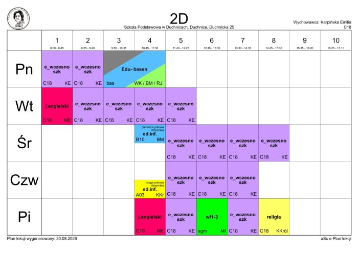Plan lekcji klasy 2D na rok szkolny 2026/2027