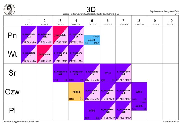 Plan lekcji klasy 3D na rok szkolny 2026/2027