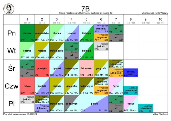 Plan lekcji klasy 7B na rok szkolny 2026/2027